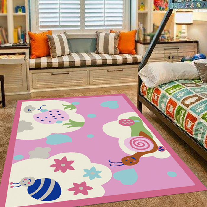 Pink and Blue Nursery Rug Kids Animal Bird Elephant Giraffe Pattern Area Rug Polyester Non-Slip Carpet