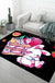 Black and Pink Nursery Rug Kids Animal Rabbit Heart Pattern Area Rug Polyester Stain-Resistant Carpet