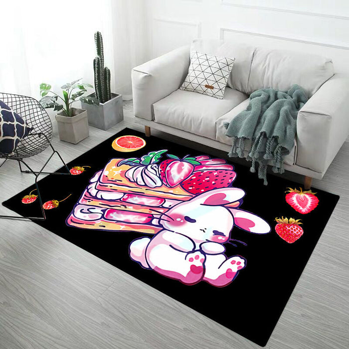 Black and Pink Nursery Rug Kids Animal Rabbit Heart Pattern Area Rug Polyester Stain-Resistant Carpet