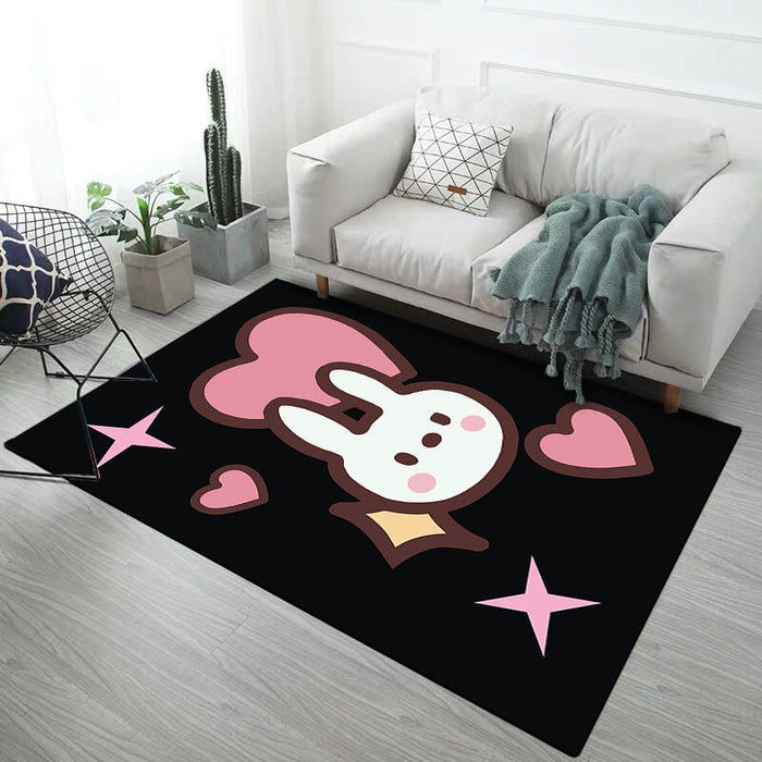 Black and Pink Nursery Rug Kids Animal Rabbit Heart Pattern Area Rug Polyester Stain-Resistant Carpet