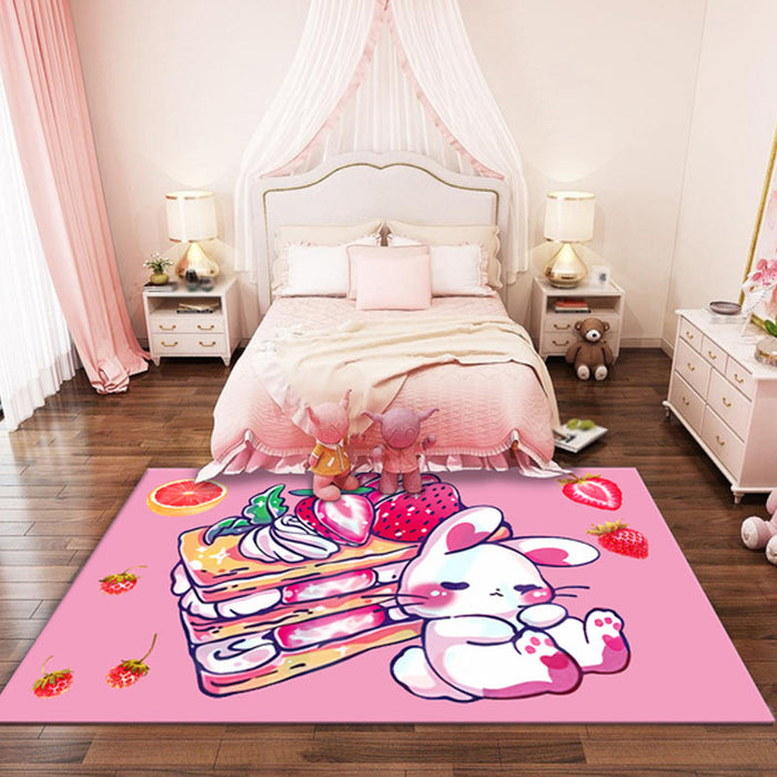 Black and Pink Nursery Rug Kids Animal Rabbit Heart Pattern Area Rug Polyester Stain-Resistant Carpet