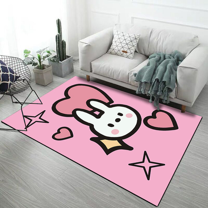 Black and Pink Nursery Rug Kids Animal Rabbit Heart Pattern Area Rug Polyester Stain-Resistant Carpet