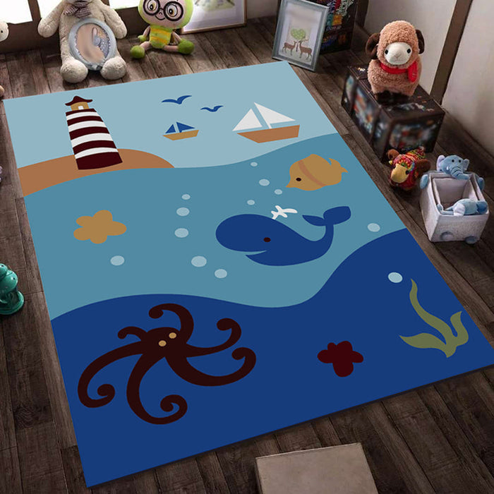 Blue and Black Nursery Rug Kids Fairy Tales Whale Ocean Pencil Pattern Area Rug Polyester Washable Carpet