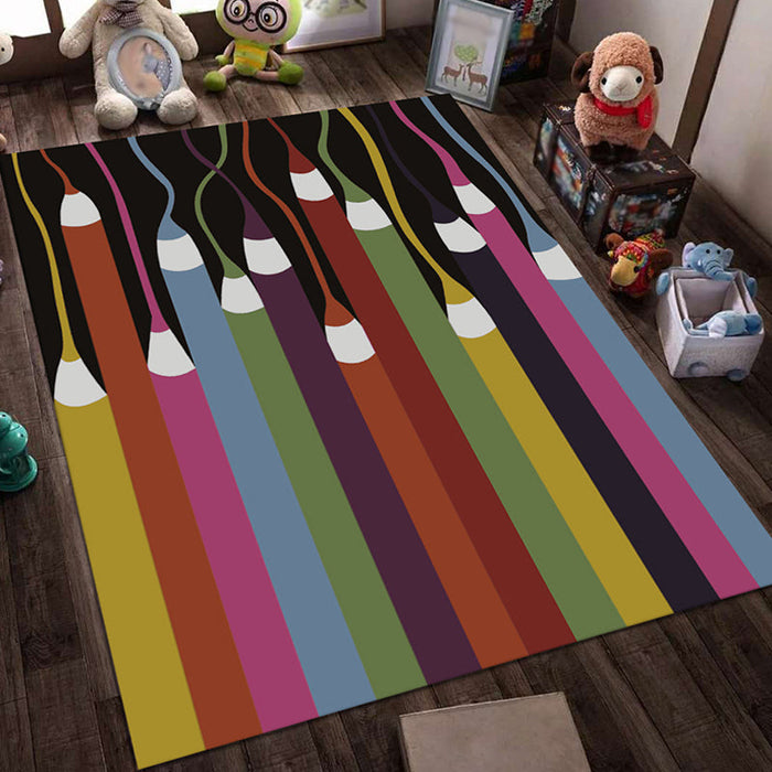 Blue and Black Nursery Rug Kids Fairy Tales Whale Ocean Pencil Pattern Area Rug Polyester Washable Carpet