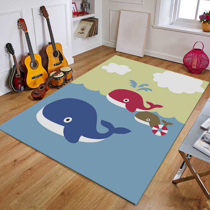 Blue and Black Nursery Rug Kids Fairy Tales Whale Ocean Pencil Pattern Area Rug Polyester Washable Carpet