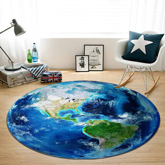 Blue Nursery Rug Kids Outer Space Planet Galaxy Plane Pattern Area Rug Polyester Anti-Slip Carpet