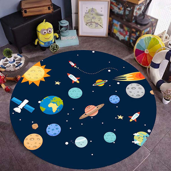 Blue Nursery Rug Kids Outer Space Planet Galaxy Plane Pattern Area Rug Polyester Anti-Slip Carpet