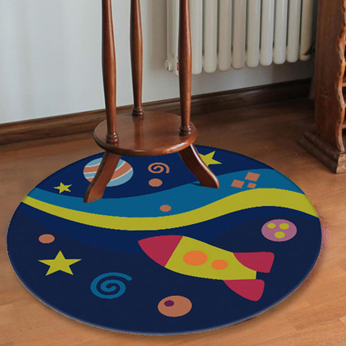 Blue Nursery Rug Kids Outer Space Planet Galaxy Plane Pattern Area Rug Polyester Anti-Slip Carpet