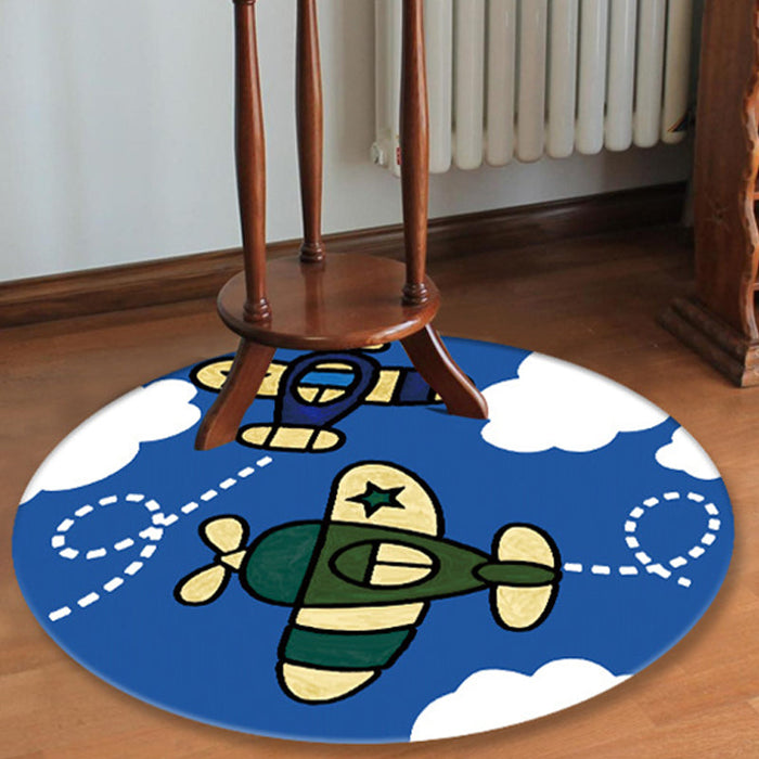 Blue Nursery Rug Kids Outer Space Planet Galaxy Plane Pattern Area Rug Polyester Anti-Slip Carpet