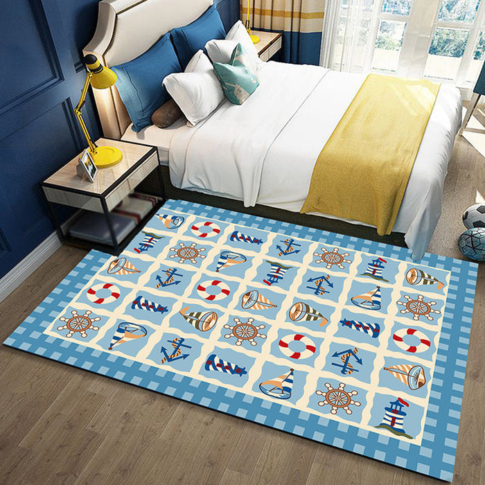 Blue Nursery Rug Kids Coastal Anchor Rudder Pattern Area Rug Polyester Non-Slip Backing Carpet