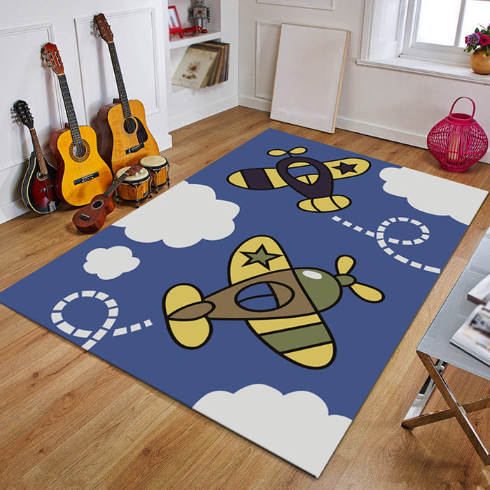 Blue Nursery Rug Kids Coastal Anchor Rudder Pattern Area Rug Polyester Non-Slip Backing Carpet