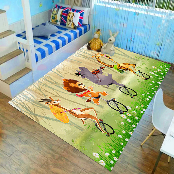 Kids Child's Room Rug in Brown and Green Animal Lion Elephant Deer Print Rug Polyester Non-Slip Area Rug