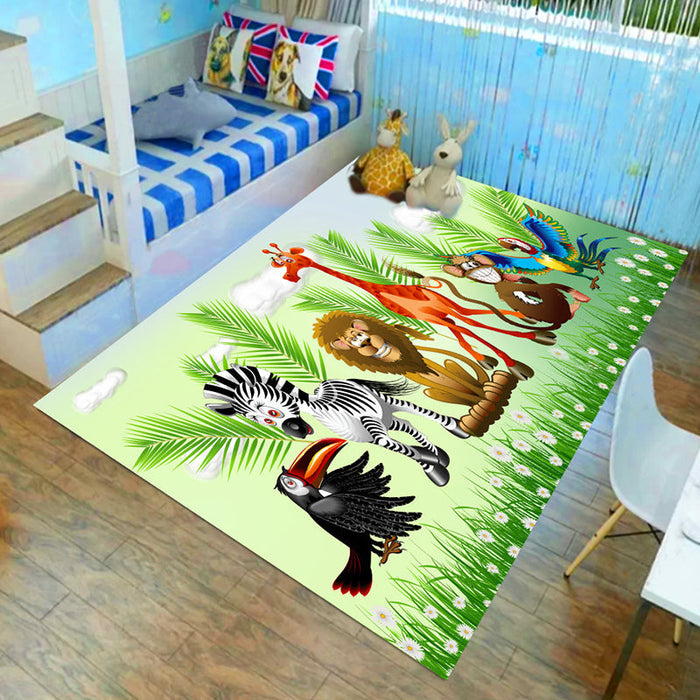 Kids Child's Room Rug in Brown and Green Animal Lion Elephant Deer Print Rug Polyester Non-Slip Area Rug