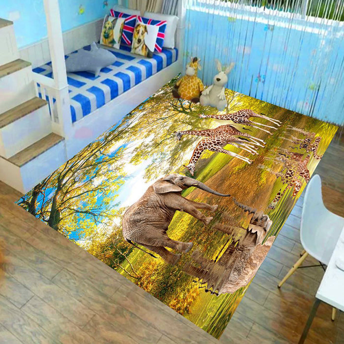 Kids Child's Room Rug in Brown and Green Animal Lion Elephant Deer Print Rug Polyester Non-Slip Area Rug