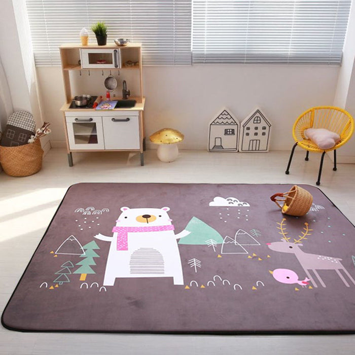 Grey and Blue Nursery Rug Kids Animal Elephant Bear Rabbit Pattern Area Rug Wool Anti-Slip Backing Carpet