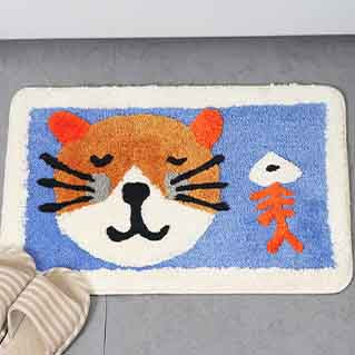 Feblilac Cat and the Fishbone Blue Ground Bath Mat