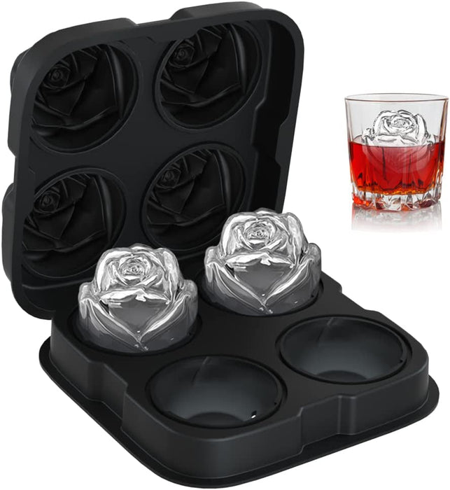 2.5Inch Ice Cube Trays, 4 Cavity Silicone Rose Ice Ball Maker, Easy Release Large Form for Chilling Cocktails, Whiskey, Bourbon & Homemade Juice