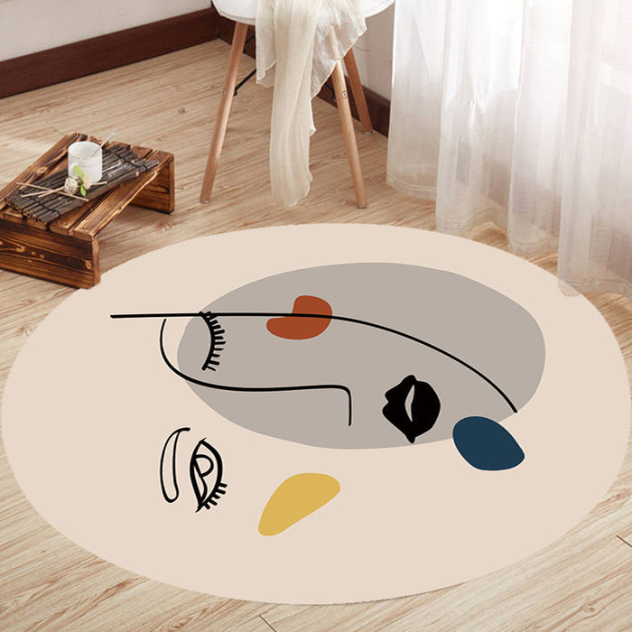 Ivory Irregular Bedroom Rug Novelty Abstract Face Pattern Area Rug Polyester Anti-Slip Backing Carpet