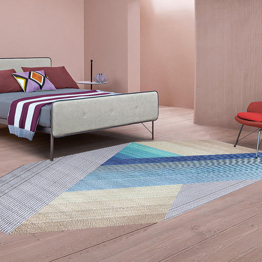 Blue Irregular Bedroom Rug Novelty Stripes Geometry Pattern Area Rug Polyester Anti-Slip Backing Carpet