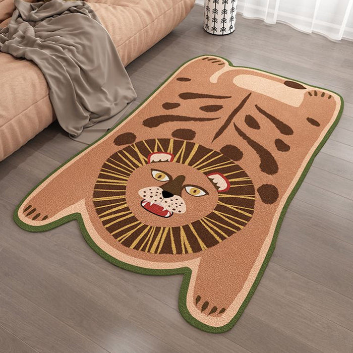 Yellow and Brown Irregular Rug Nursery Kids Animal Tiger Leopard Lion Pattern Area Rug Polyester Stain-Resistant Carpet