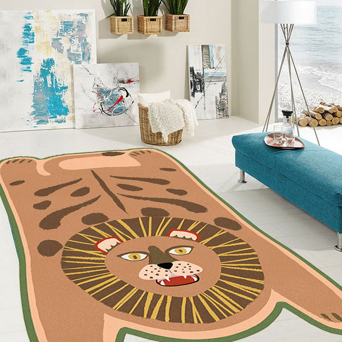 Yellow and Brown Irregular Rug Nursery Kids Animal Tiger Leopard Lion Pattern Area Rug Polyester Stain-Resistant Carpet