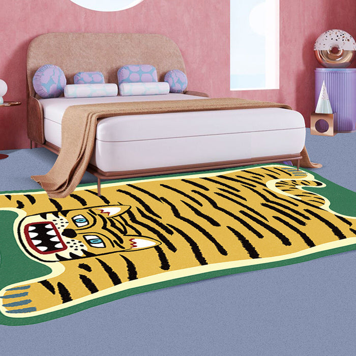 Yellow and Brown Irregular Rug Nursery Kids Animal Tiger Leopard Lion Pattern Area Rug Polyester Stain-Resistant Carpet