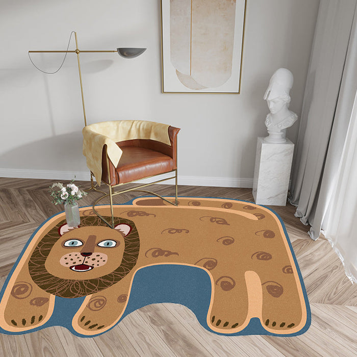 Kids Irregular Bedroom Rug in Red and Brown Animal Tiger Lion Leopard Print Rug Polyester Non-Slip Backing Area Rug