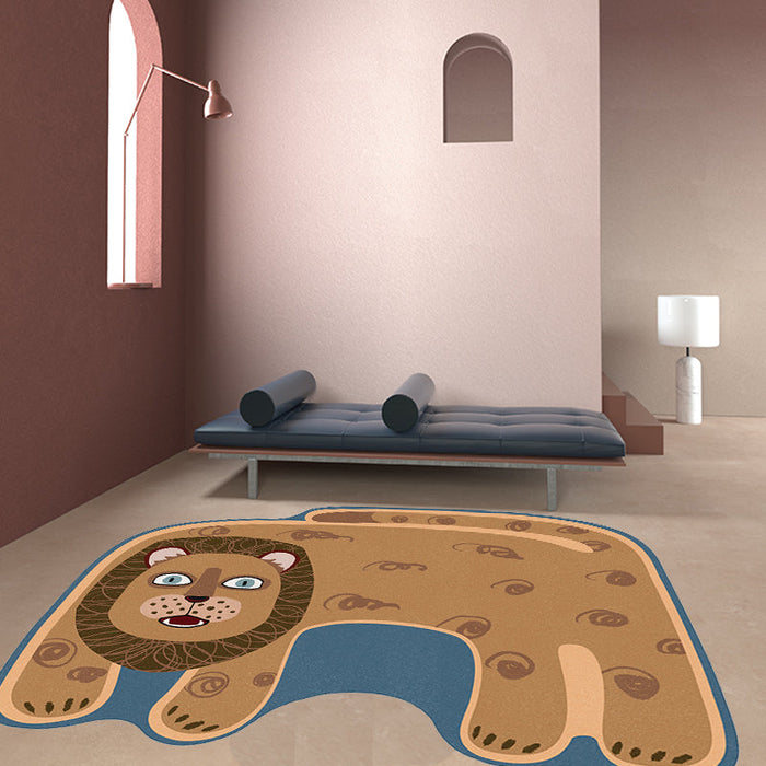 Kids Irregular Bedroom Rug in Red and Brown Animal Tiger Lion Leopard Print Rug Polyester Non-Slip Backing Area Rug