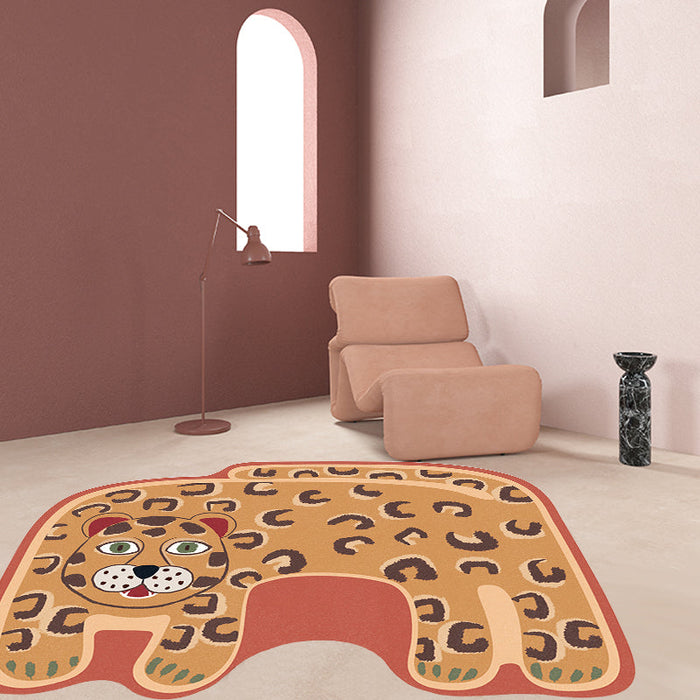 Kids Irregular Bedroom Rug in Red and Brown Animal Tiger Lion Leopard Print Rug Polyester Non-Slip Backing Area Rug