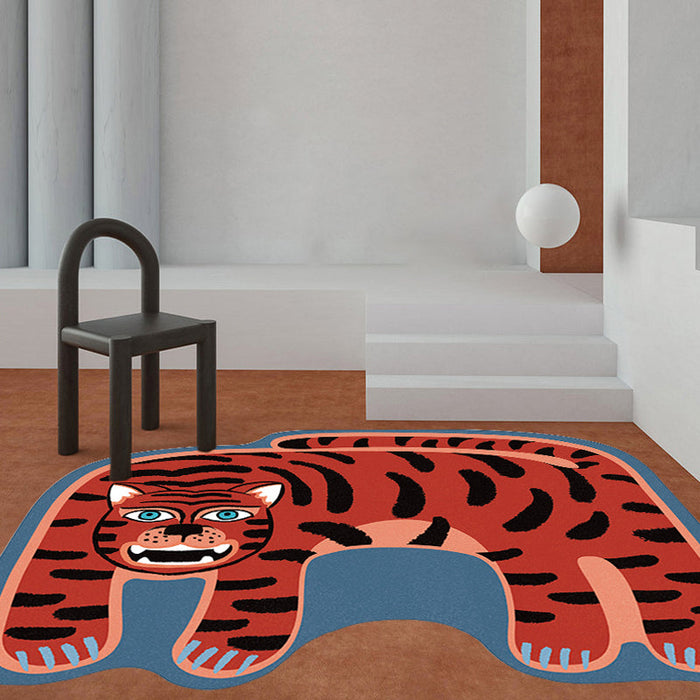 Kids Irregular Bedroom Rug in Red and Brown Animal Tiger Lion Leopard Print Rug Polyester Non-Slip Backing Area Rug