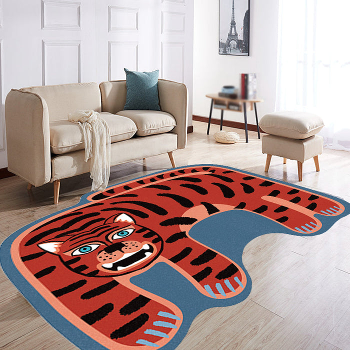 Kids Irregular Bedroom Rug in Red and Brown Animal Tiger Lion Leopard Print Rug Polyester Non-Slip Backing Area Rug