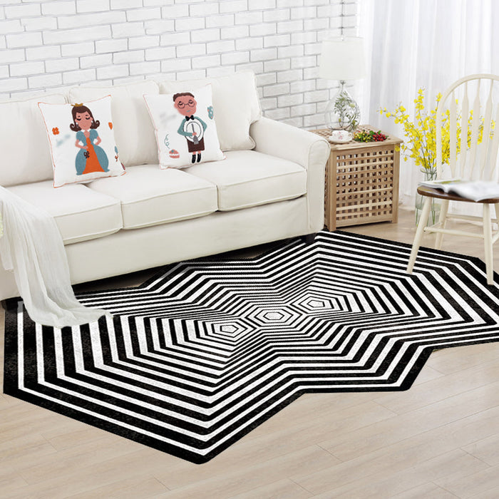 Black Irregular Rug Bedroom Novelty 3D Line Pattern Area Rug Polyester Pet Friendly Carpet