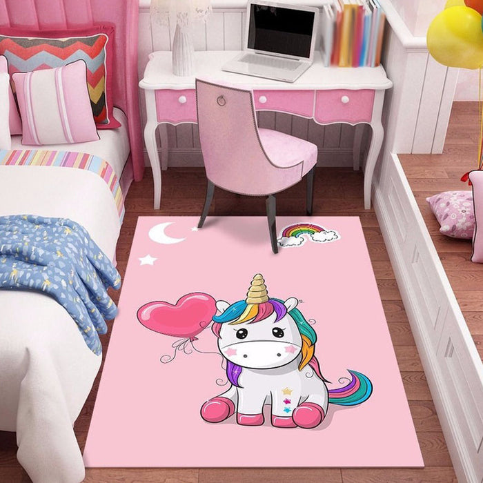 Cute Cartoon Character Pattern Rug Pink and Green Kids Rug Polyester Pet Friendly Washable Non-Slip Backing Area Rug for Nursery