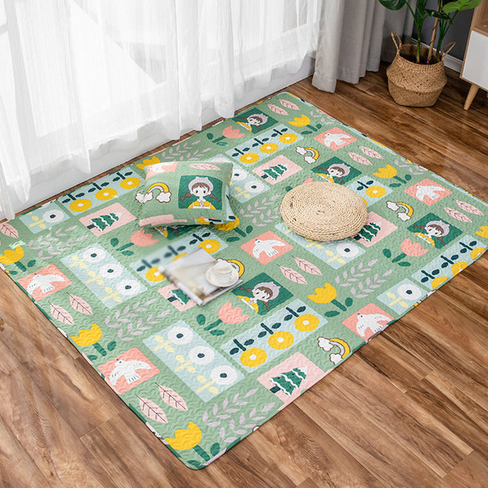 Kids Floral Pattern Rug with Character Beige and Green Cotton Rug Washable Pet Friendly Non-Slip Area Rug for Child's Bedroom