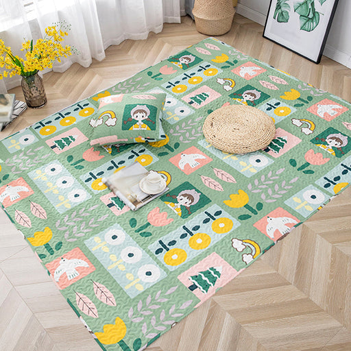 Kids Floral Pattern Rug with Character Beige and Green Cotton Rug Washable Pet Friendly Non-Slip Area Rug for Child's Bedroom