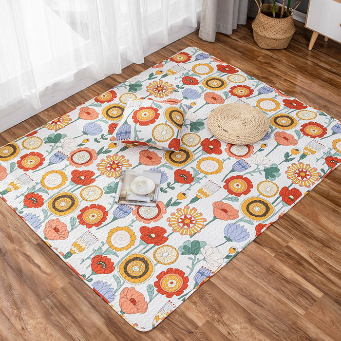 Kids Floral Pattern Rug with Character Beige and Green Cotton Rug Washable Pet Friendly Non-Slip Area Rug for Child's Bedroom