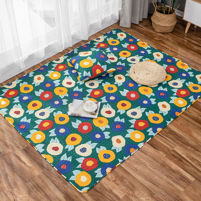 Kids Floral Pattern Rug with Character Beige and Green Cotton Rug Washable Pet Friendly Non-Slip Area Rug for Child's Bedroom