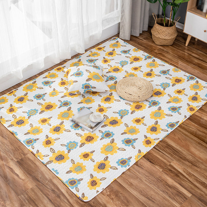 Kids Floral Pattern Rug with Character Beige and Green Cotton Rug Washable Pet Friendly Non-Slip Area Rug for Child's Bedroom