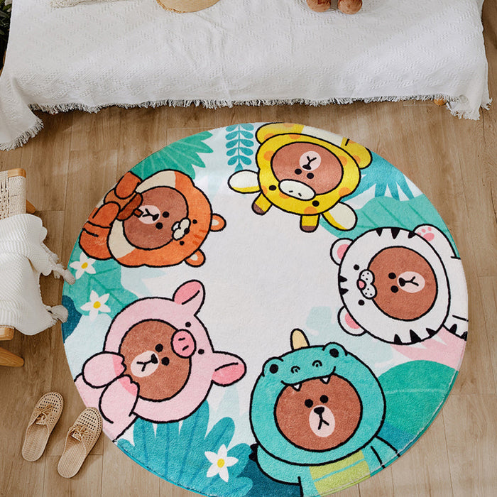 Kids Cartoon Bear Pattern Rug Green and Brown Polyester Rug Washable Pet Friendly Non-Slip Area Rug for Child's Bedroom