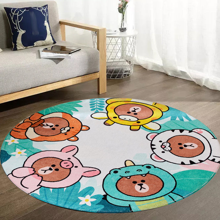 Kids Cartoon Bear Pattern Rug Green and Brown Polyester Rug Washable Pet Friendly Non-Slip Area Rug for Child's Bedroom