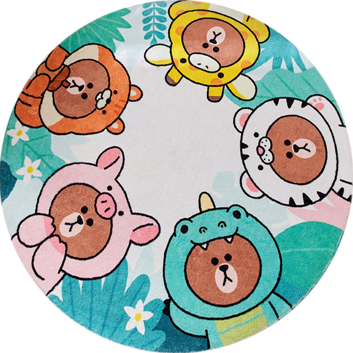 Kids Cartoon Bear Pattern Rug Green and Brown Polyester Rug Washable Pet Friendly Non-Slip Area Rug for Child's Bedroom