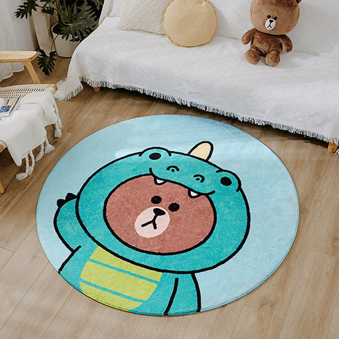 Kids Cartoon Bear Pattern Rug Green and Brown Polyester Rug Washable Pet Friendly Non-Slip Area Rug for Child's Bedroom