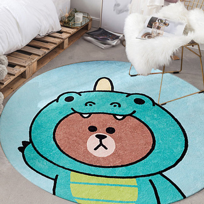 Kids Cartoon Bear Pattern Rug Green and Brown Polyester Rug Washable Pet Friendly Non-Slip Area Rug for Child's Bedroom