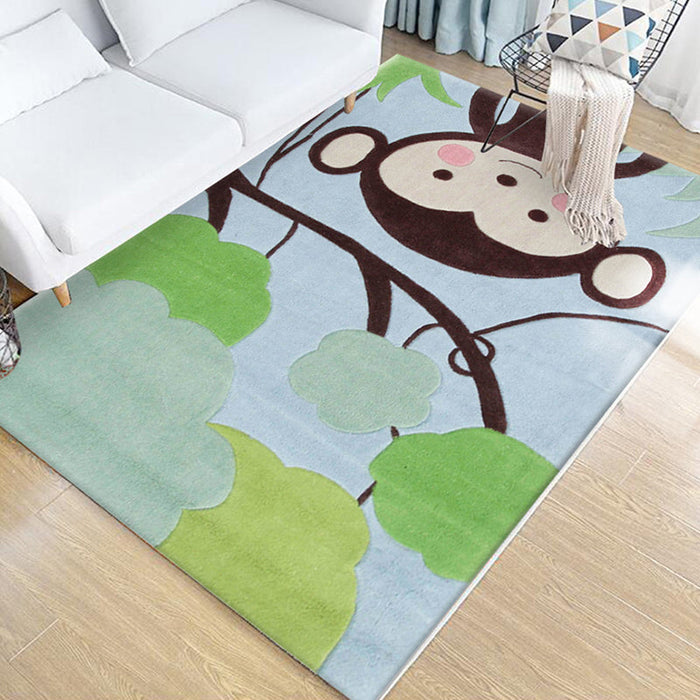 Kids Animal Pattern Rug Green Multicolor Polyester Rug Washable Pet Friendly Non-Slip Area Rug for Child's Bedroom