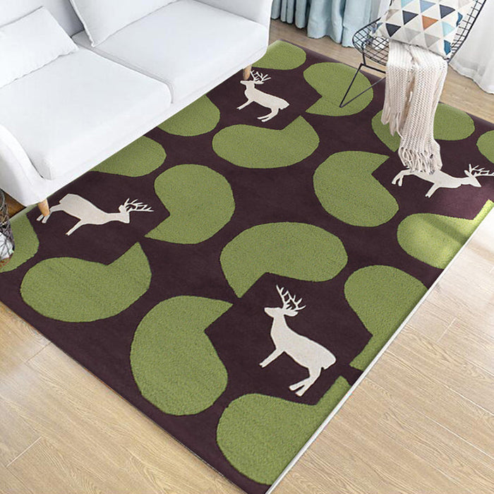 Kids Animal Pattern Rug Green Multicolor Polyester Rug Washable Pet Friendly Non-Slip Area Rug for Child's Bedroom