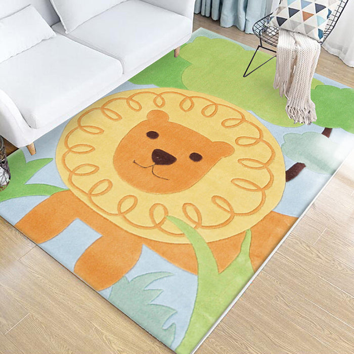 Kids Animal Pattern Rug Green Multicolor Polyester Rug Washable Pet Friendly Non-Slip Area Rug for Child's Bedroom