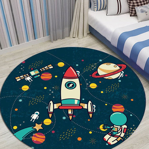 Kids Outer Space Pattern Rug Black and Blue Polyester Rug Washable Pet Friendly Non-Slip Area Rug for Child's Bedroom