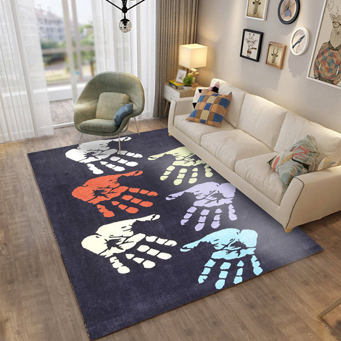 Kids Handprint Pattern Rug Black and Apricot Polyester Rug Washable Pet Friendly Non-Slip Area Rug for Child's Bedroom