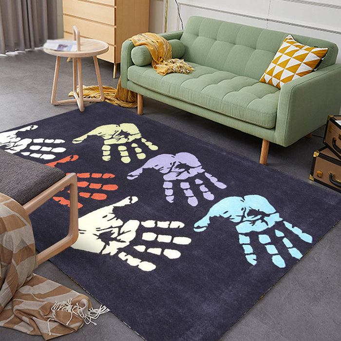 Kids Handprint Pattern Rug Black and Apricot Polyester Rug Washable Pet Friendly Non-Slip Area Rug for Child's Bedroom