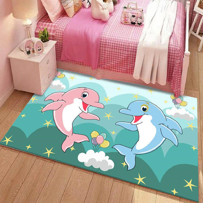 Kids Cartoon Dolphin Pattern Rug with Star Green and Blue Polyester Rug Washable Pet Friendly Non-Slip Area Rug for Child's Bedroom